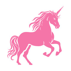 A pink unicorn with a flowing mane and horn, stands against a white background