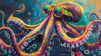 Obraz premium Vibrant octopus with sunglasses in psychedelic oceanic environment whimsical marine life