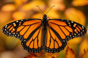 Vibrant Monarch Butterfly Resting on Autumn Leaves