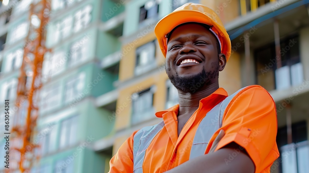 Poster happy man engineering portrait and construction site project management or outdoor city building fac