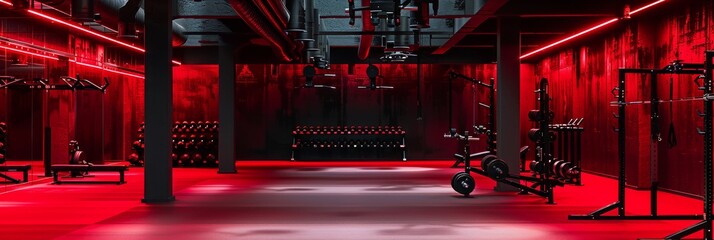 An empty contemporary gym interior with striking red artificial lighting. The gym is equipped with weightlifting equipment, including dumbbells, barbells, and weight racks
