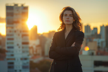 Fototapeta premium Confident young businesswoman standing on rooftop at sunset. Generative AI.