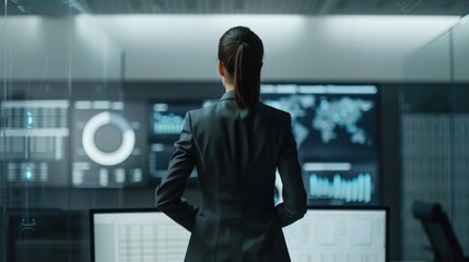 Female CEO in charcoal grey suit, torso view, reviewing global trade report, modern office backdrop, representing global commerce expertise, cybernetic tone, Analogous Color Scheme