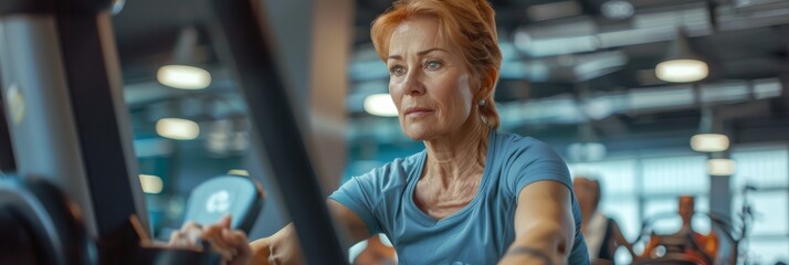 A middle-aged woman in a blue shirt exercises on a stationary bike at a well-lit gym