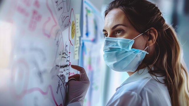 Young businesswoman wearing protective face mask while writing mind map on whiteboard and making new business plans with her team during COVID19 pandemic : Generative AI