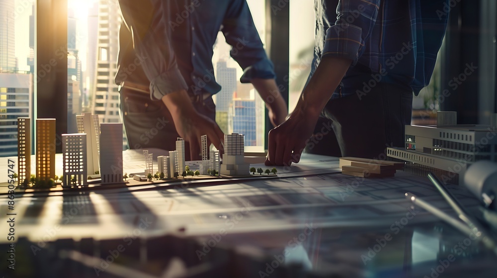 Aufkleber Construction concept of Engineer and Architect working with construction model and blueprint at construction site Engineer and Architect discussing construction plan at building site : Generative AI
