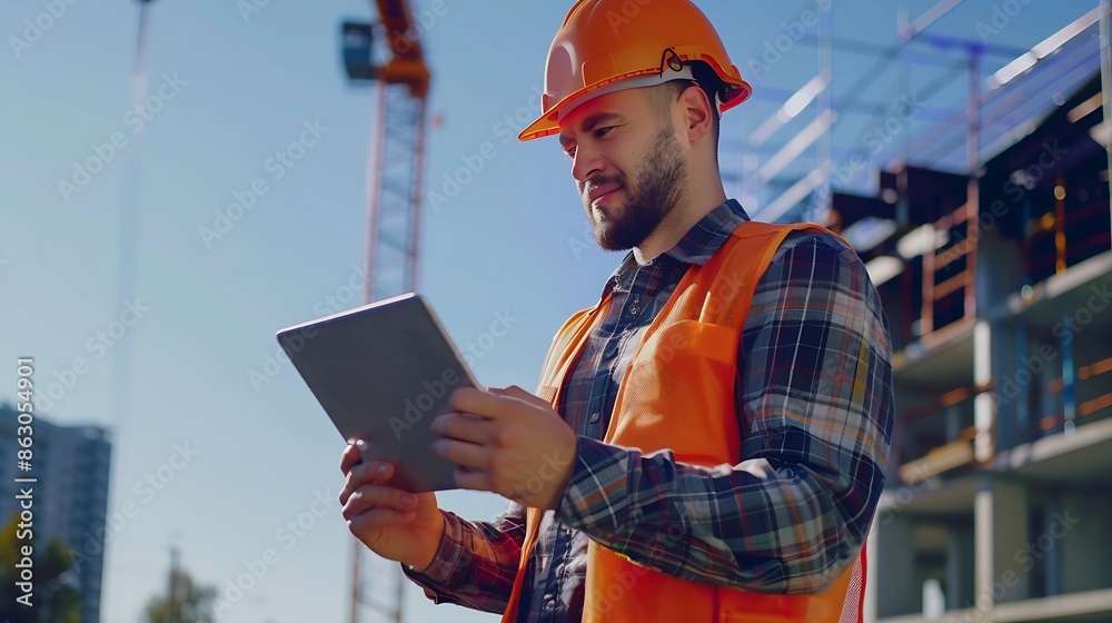 Poster Construction worker tablet and portrait of man with research and digital data for solar panel installation Happy engineer and male contractor with eco and energy project with tech and  : Generative AI
