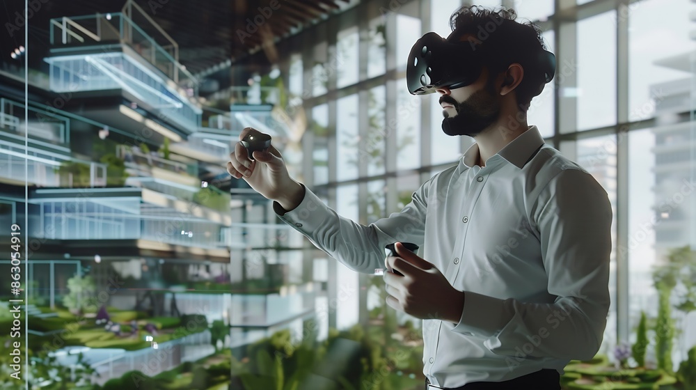 Poster Male architect uses VR headset and wireless controllers presents modern hitech building and park architectural project in virtual reality to colleagues 3D hologram Future digital AI te : Generative AI