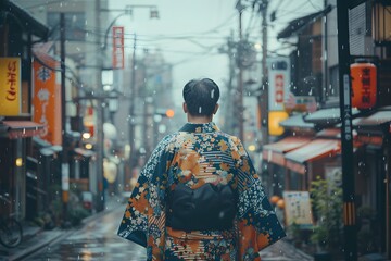 Fototapeta premium Traditional Kimono in a Rainy Japanese Street