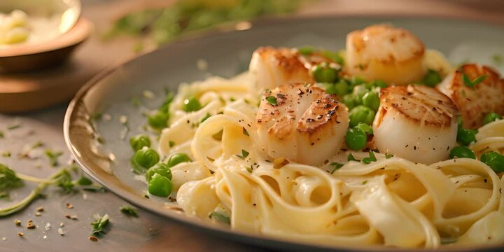Fettuccine noodles with scallops and peas 4K Video