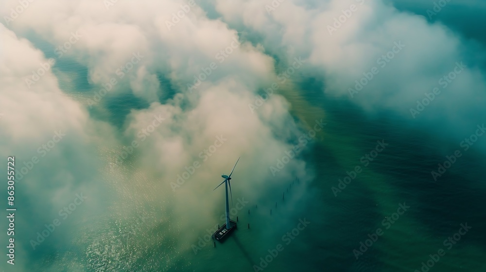 Poster windmill park with clouds during a rainy day windmill park in the ocean aerial view with wind turbin