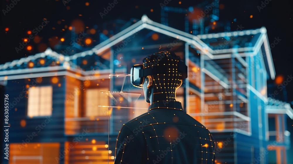 Aufkleber Virtual reality architecture and man with 3d model for working on design or building hologram at night Metaverse vr and architect or engineer with house digital construction or futuris : Generative AI