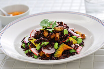 black purple rice (Thai riceberry) salad, vegan cuisine