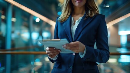 Female CEO in navy blue suit, torso view, reviewing global trade report, modern office backdrop, representing global commerce expertise, cybernetic tone, Analogous Color Scheme