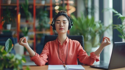 Asian woman freelancer in headset sitting at table with closed eyes and relieving stress by meditation at workplace Concept of relaxation and harmony no stress free relief at work : Generative AI