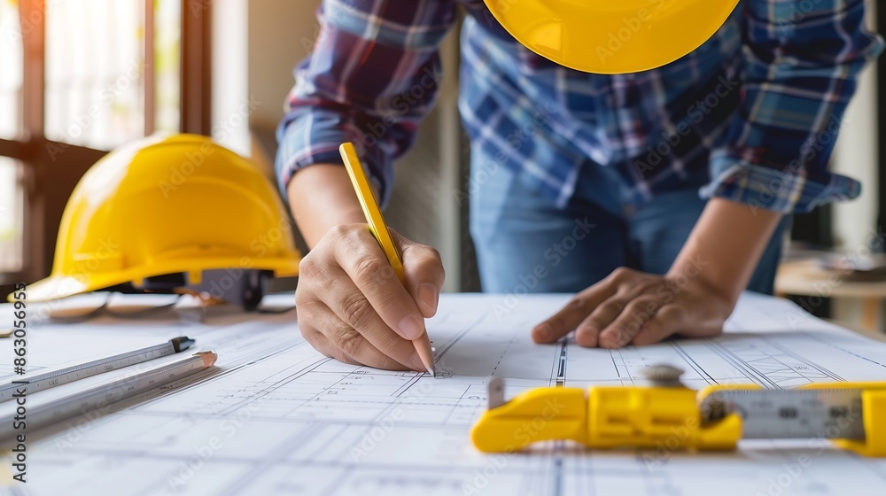 Aufkleber Architect or engineer working on building blueprint contractor designing and drawing blueprint layout with tool for construction project Civil engineer and architecture design concept  : Generative AI