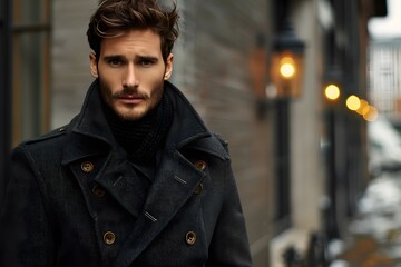 Obraz premium Stylish Man in Winter Coat Posing on a City Street