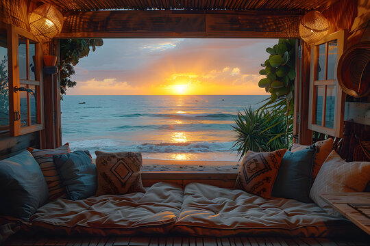 Fototapeta A mesmerizing view of the sunset over the ocean, seen through the open doors of a rustic cabin, capturing the tranquil beauty of nature and the peaceful ambiance of the beach