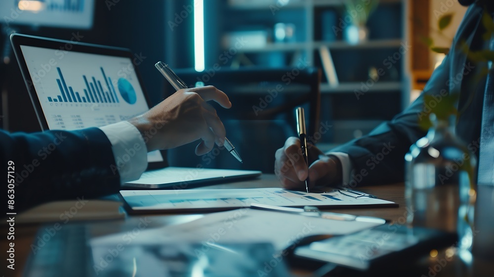 Poster accountant consulting an entrepreneur about company financial performance in an office using statist