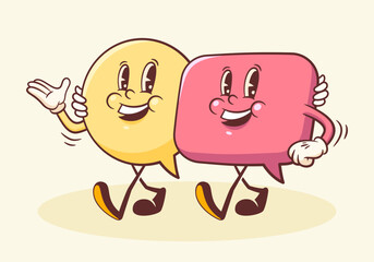 Vector Talk Language Learning Walking Characters Illustration. Groovy Cartoon Speech Bubbles Conversation Chat Message Personage Isolated