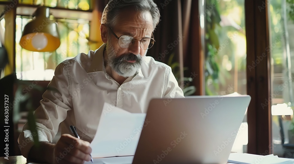 Poster mature businessman in shirt doing paperwork man working with documents contracts and bills sitting a