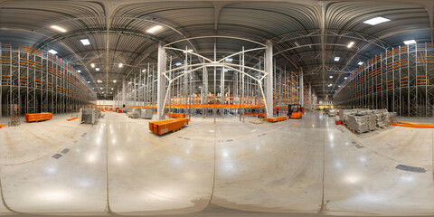 Empty warehouse with shelves and racks. 360 panorama inside huge distribution.