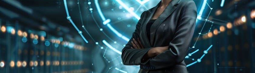 Female CEO in charcoal grey suit, torso view, discussing globalization, tech conference backdrop, conveying leadership in global business, digital tone, Complementary Color Scheme