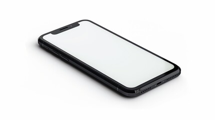 Mobile phone with an empty screen lying flat on a white background