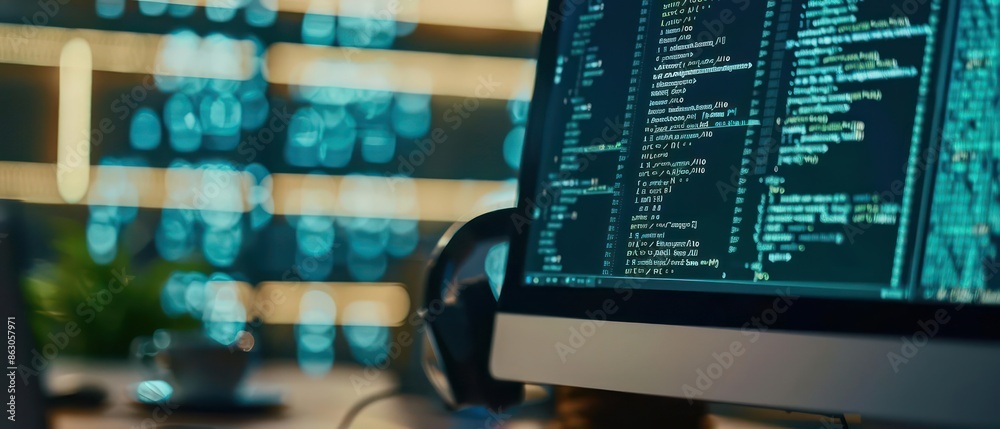 Poster closeup of a computer screen displaying a cybersecurity breach in progress, with copy space