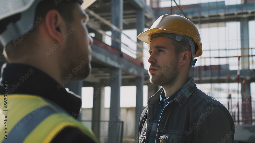 Poster architect caucasian man working with colleagues mixed race in the construction site engineer archite