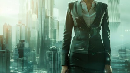 Female CEO in charcoal grey suit, torso view, reviewing global trade report, modern office backdrop, representing global commerce expertise, cybernetic tone, Analogous Color Scheme