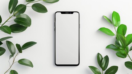 Mobile phone with a white screen lying on a white background, top view