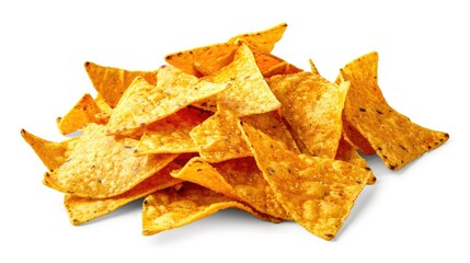 Crispy corn tortilla nachos chips group isolated on white background with clipping path