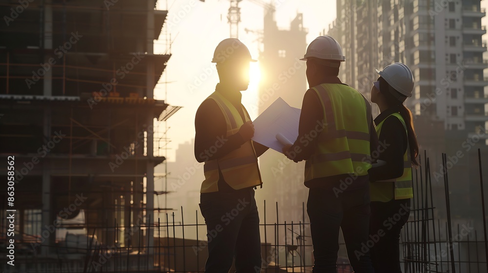 Poster architect team on construction site inspection documents and business workflow in the morning : gene