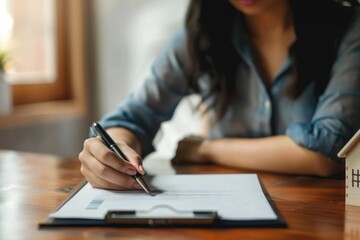 Happy woman with man signing real estate agreement