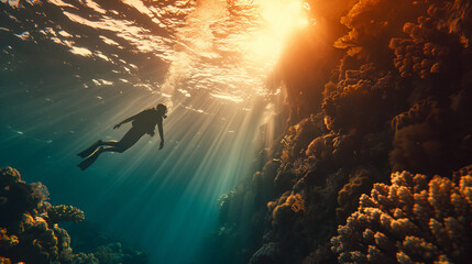 A person snorkeling near a coral reef at sunrise, with golden light illuminating the water, summer, snorkeling, hd, tranquil with copy space