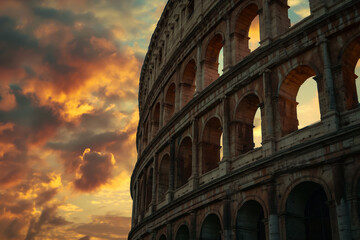 Fototapeta premium A beautiful view of the coliseum at sunrise. Generative AI.