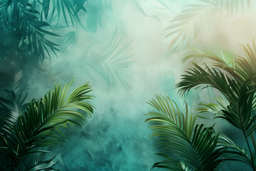 Background with palm shadow on blue wall. Minimal product placement banner. Generative AI.