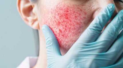 Close-up of a person with red, irritated skin on their cheek being examined by a gloved hand, illustrating a skin condition or health issue.