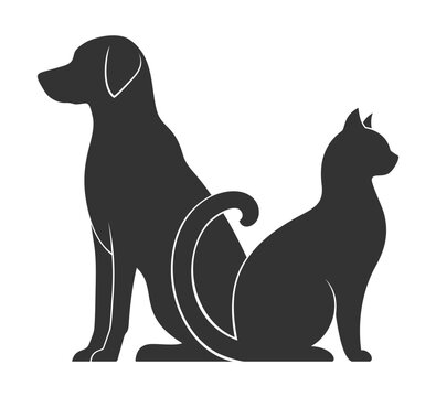Black silhouettes of a cat and a dog sitting with their backs to each other on a white background. Flat vector illustration
