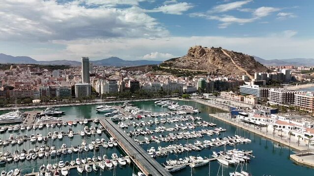 Aerial video of the city of Alicante Spain on a sunny day