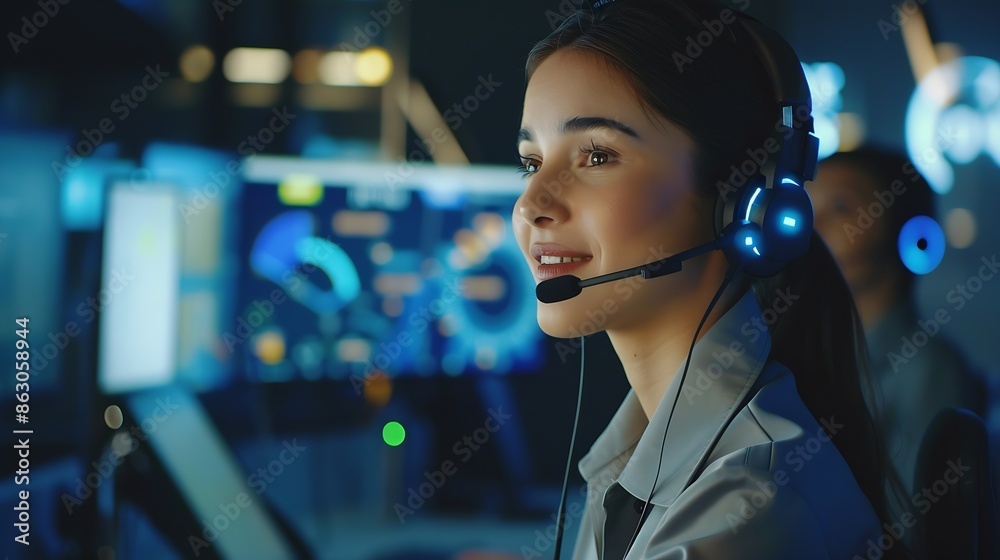 Aufkleber young friendly operator woman agent with headsets working by virsual screen with ai business woman s