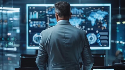 Male CEO in light grey suit, torso view, reviewing global trade report, modern office backdrop, representing global commerce expertise, cybernetic tone, Analogous Color Scheme