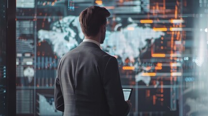 Male CEO in charcoal grey suit, torso view, reviewing global trade report, modern office backdrop, representing global commerce expertise, cybernetic tone, Analogous Color Scheme