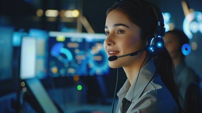 Young friendly operator woman agent with headsets working  by virsual screen with AI  business woman smile  concept for service mind in call centerHelp deskCall center : Generative AI