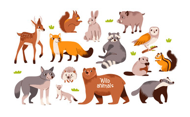 Wild animals set. Forest animals. Woodland inhabitants. Minimalist flat style illustration
