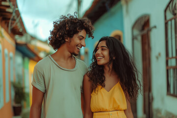 Young Latin couple looking at each other while enjoying a sunny day outdoors. Generative AI.