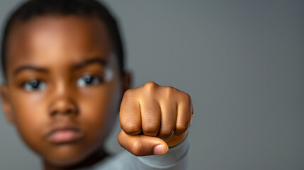 Portrait of a black boy with his fist extended to the camera on a light background. Generative AI.
