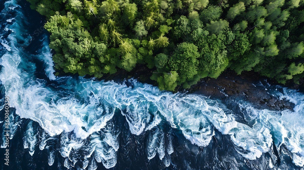 Poster aerial view of the waves and rapids of the wild river closeup top shot : generative ai