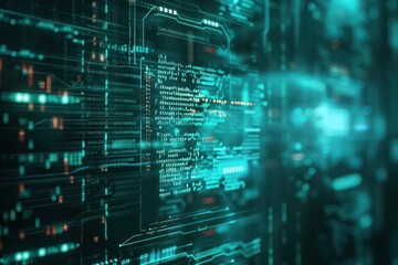 Closeup of a holographic computer screen displaying code, with copy space